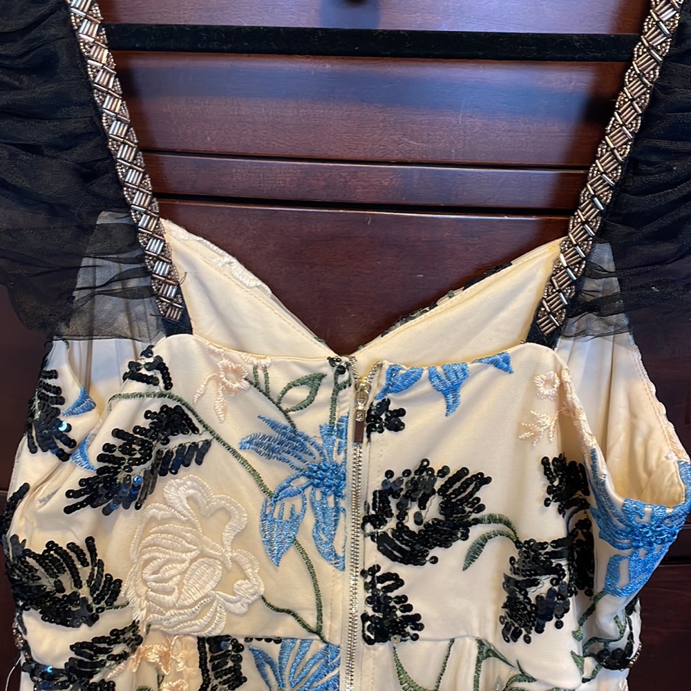 Lulu's Cream Floral Showstopper Dress with Black and Blue Accents - Picture 9 of 9